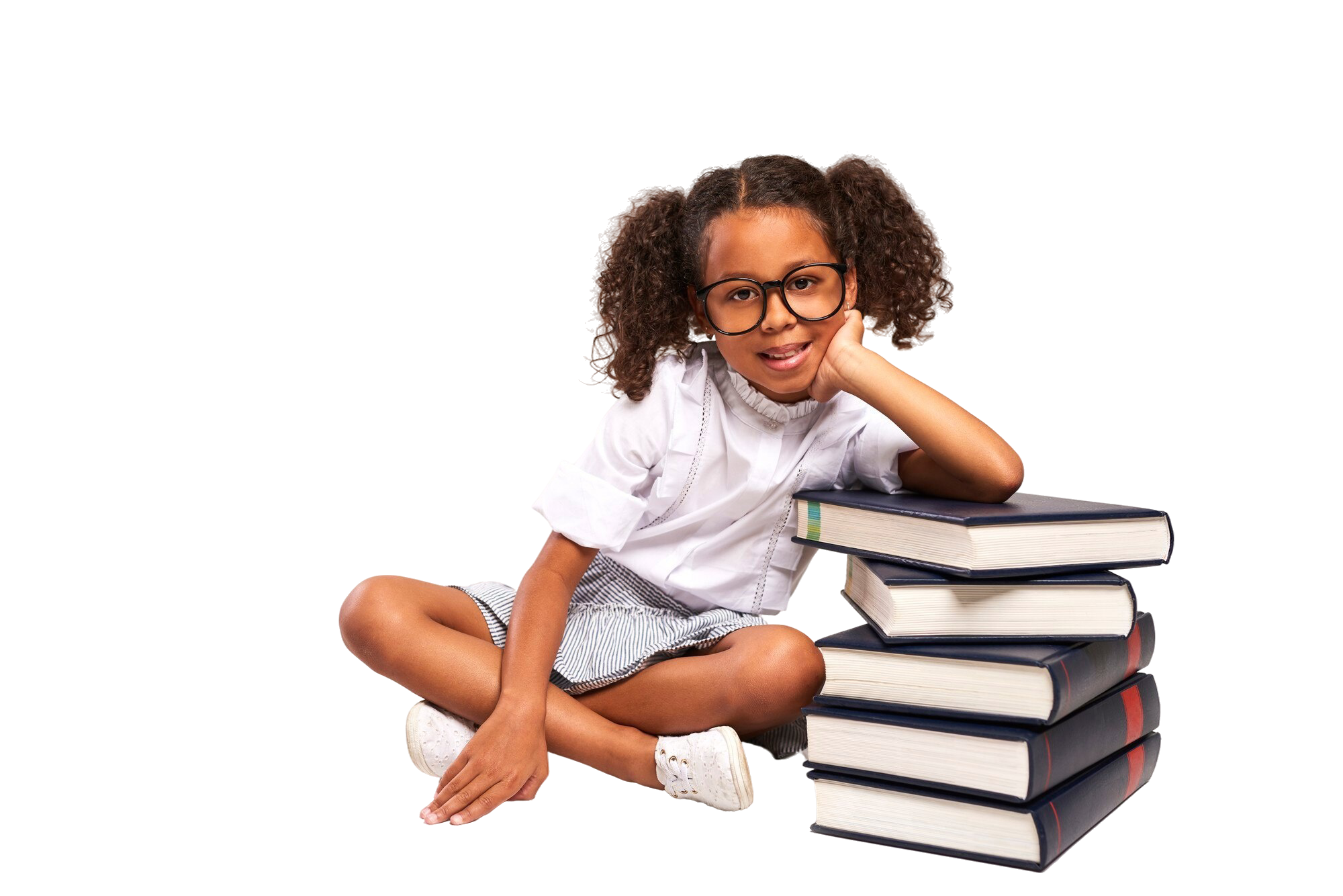 Pupil leaning on a stack of books